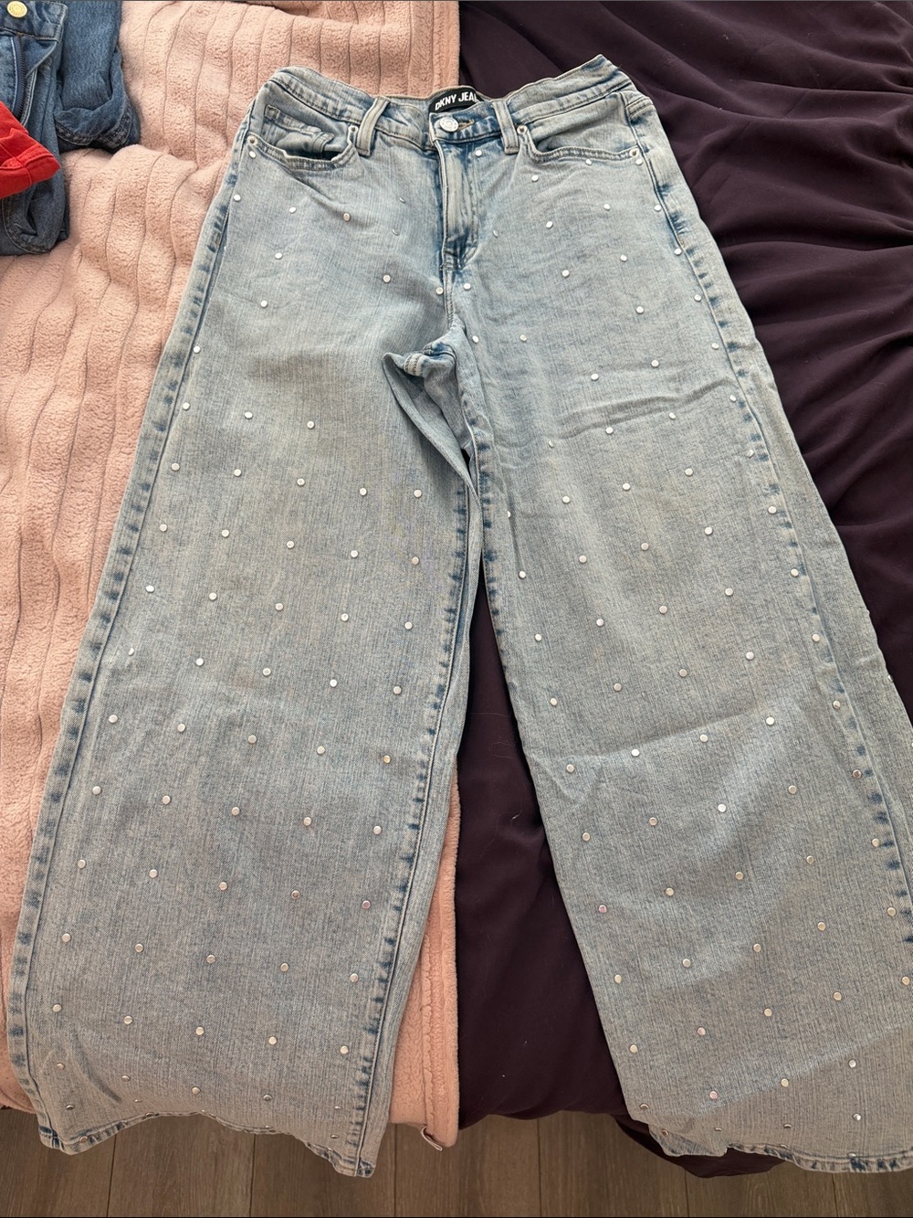 DKNYC Light Blue Pearl-Studded Wide Leg Jeans